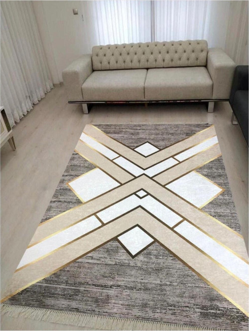 Platin Kaymaz Tabanlı Yıkanabilir Halı Kilim Yolluk Krem Kahve