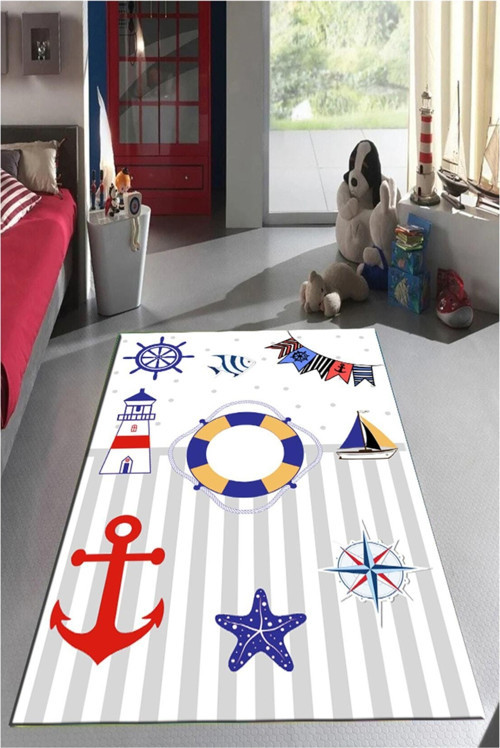 Denizci Çocuk Kaymaz Tabanlı Halı Makinede Yıkanabilir Halı Yolluk Gri Mavi