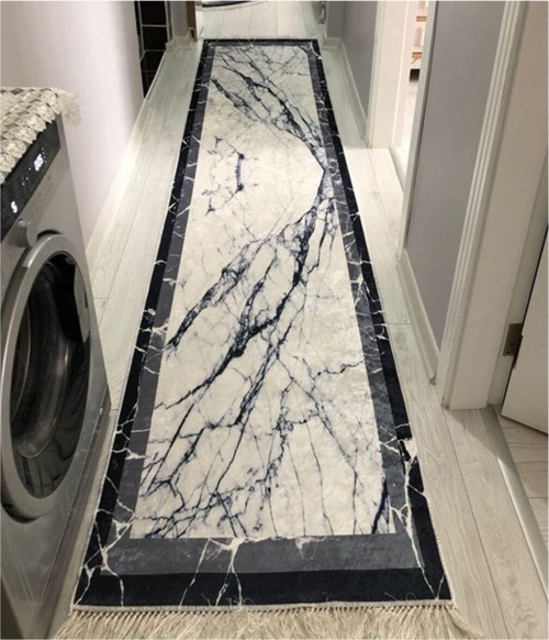 Mablet Pasa Kaymaz Tabanlı Yıkanabilir Halı Kilim Yolluk Gri Beyaz