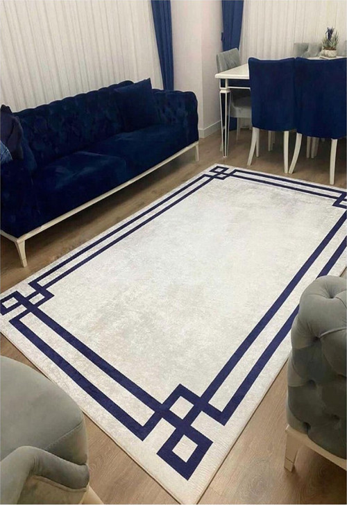 Vogue Kaymaz Tabanlı Yıkanabilir Halı Kilim Yolluk Beyaz Lacivert