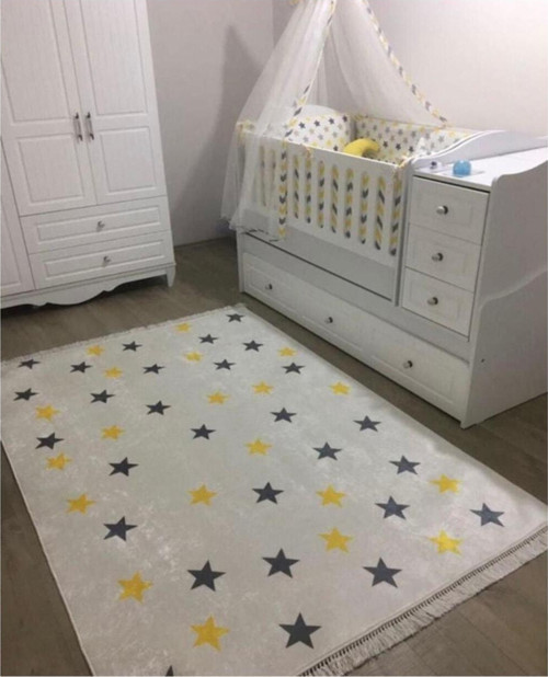 Yıldız Sarı Gri Kaymaz Tabanlı Halı Yıkanabilir Halı Kilim Yolluk Beyaz