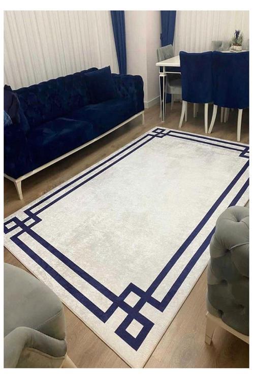 Vogue Kaymaz Tabanlı Yıkanabilir Halı Kilim Yolluk Beyaz Lacivert