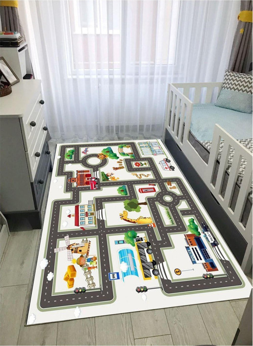 Trafik Yollu Çoçuk Kaymaz Taban Makinede Yıkanabilir Halı Eğitici Bebek Oyun Matı Oyun Halısı