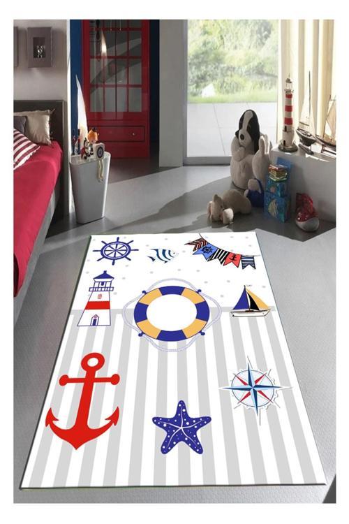 Denizci Çocuk Kaymaz Tabanlı Halı Makinede Yıkanabilir Halı Yolluk Gri Mavi