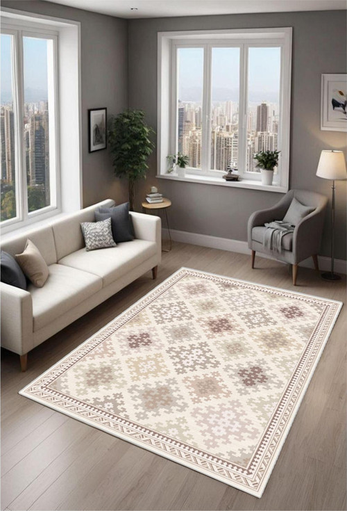 Batik Kaymaz Tabanlı Yıkanabilir Halı Kilim Yolluk Krem Kahve Rengi