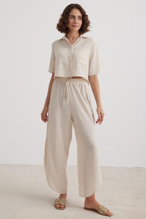 Kadın Beli Lastikli Yırtmaçlı Taş Pantolon VVK3416