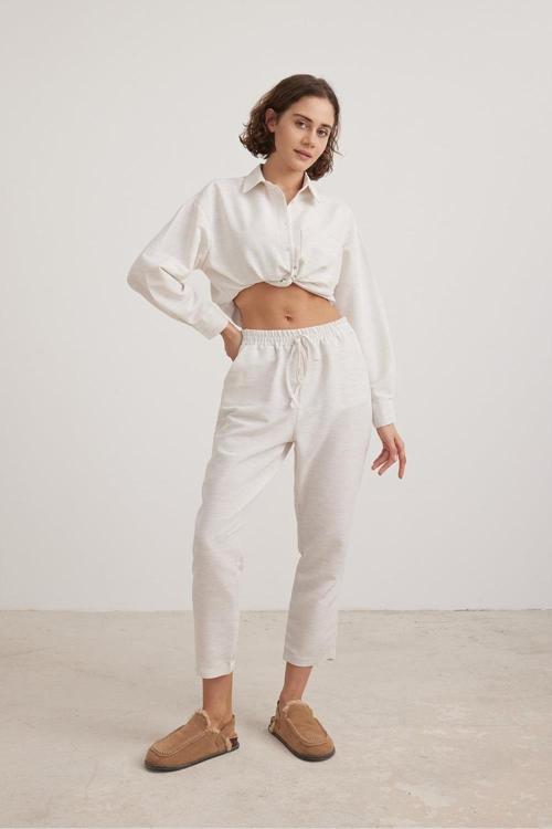 Kadın Keten Salaş Bel Lastikli Taş Pantolon VVK3434