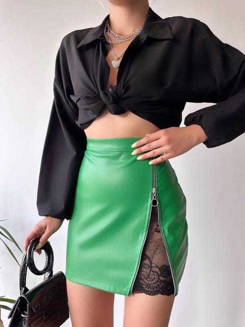 Dantelli fermuarlı deri etek yeşil w24598