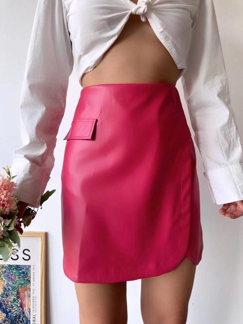 Cep detaylı oval kapaklı deri etek fuşya h240048