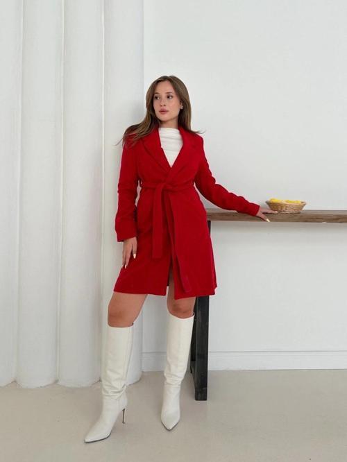 Cepli kuşaklı kaşe kaban kırmızı st26458