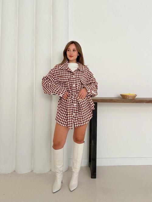 Uzun kaşe gömlek beyazkremit st255812