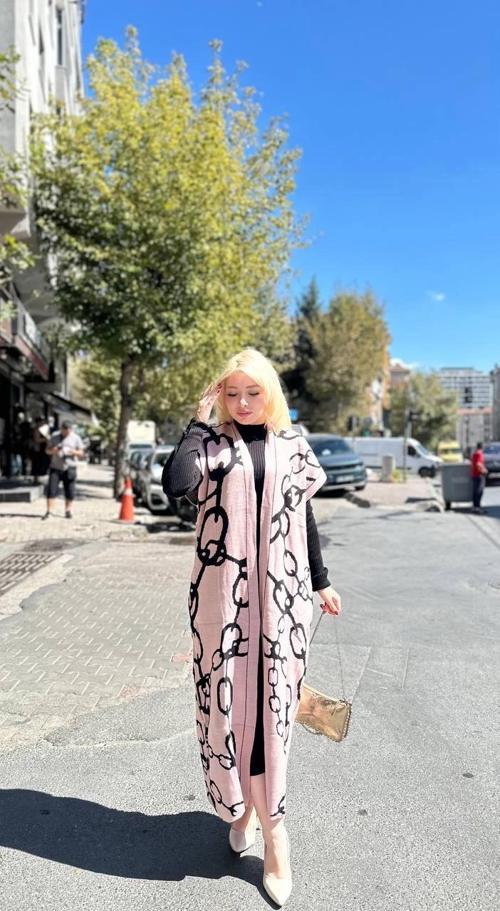 Siyah çizgi desenli elbiseli hırka takım pudra siyah