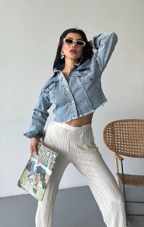 Çift kapaklı püsküllü crop buz mavi d2002