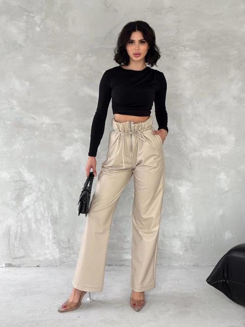 Kendinden ince kemerli deri pantolon bej t1178