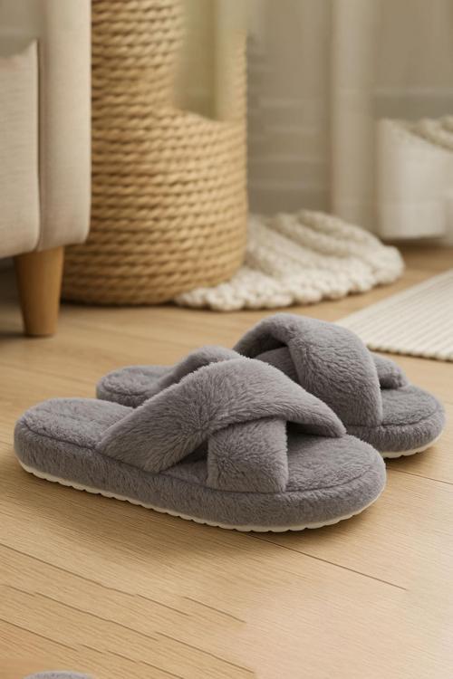 CP30 Tüylü Pofuduk Çapraz Kışlık Kadın Ev Terliği