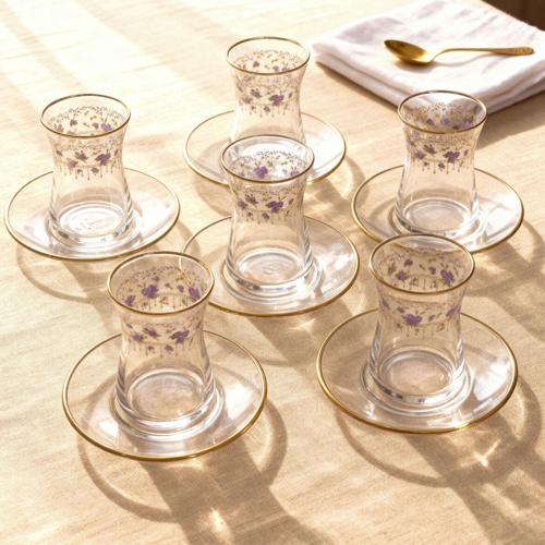 Güral Cam 12 Parça 6 Kişilik Çay Takımı Mor Çiçek