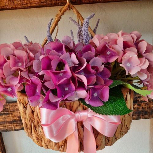 Hediye Hasır Sepetli Ortancalı Kapı Süsü-Çelenk-Duvar Dekoru-Mutfak Duvar Dekoru-Kış Bahçesi