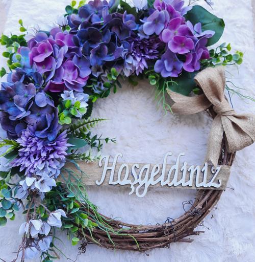 Hediye Mor Ortancalı Kapı Süsü çelenk