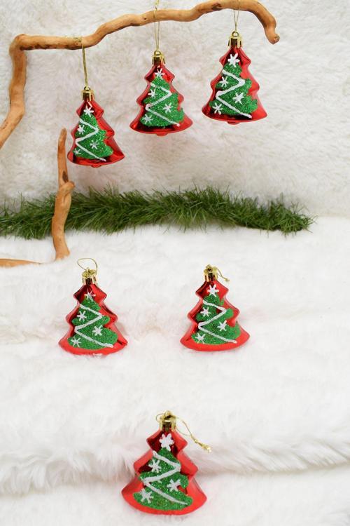 6lı Çam Ağacı Süs Kırmızı-yeşil Yılbaşı Süsü 8cm