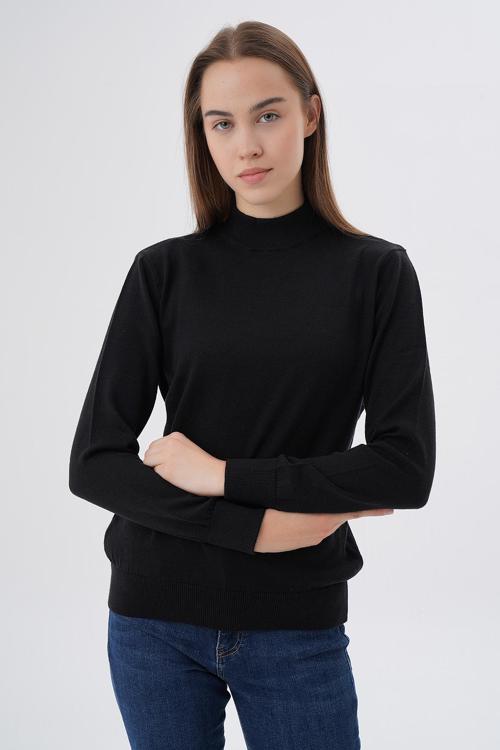 Kadın Siyah %100 Organik Pamuk Yarım Balıkçı Yaka Triko Kazak Örme Bluz TRIST-6104