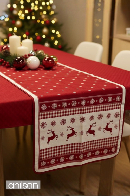 Kırmızı Noel Desenli Masa Runner Geyik ve Kar Tanesi Yılbaşı Masa Örtüsü 50x160