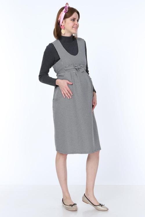 9743-Kazayağı Desen Fiyonklu Mini Hamile Jile Elbise