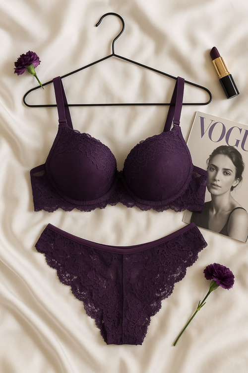 Mor Dantel Detaylı Push Up Sütyen Takımı