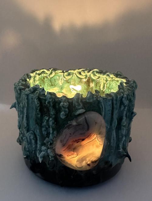 Doğal Taş Detaylı Seramik Mumluk