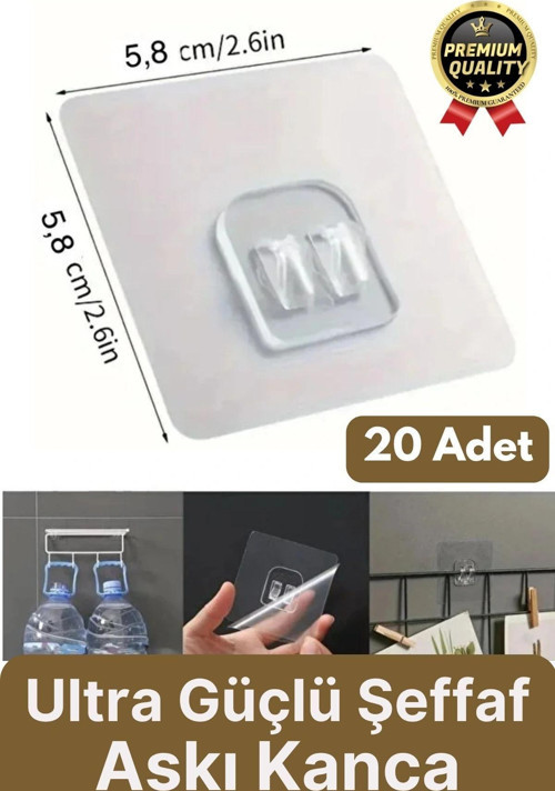 20 Adet Süper Güçlü Şeffaf İz Bırakmaz Suya Dayanıklı Banyo Duş Mutfak Tablo Raf Tutucu Askı Kanca