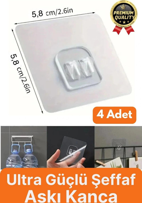 4 Adet Ultra Güçlü Suya Dayanıklı İz Bırakmaz Şeffaf Mutfak Banyo Tablo Raf Ayna Tutucu Askı Kanca