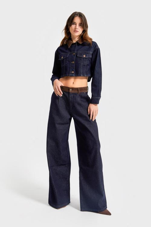 Kadın İndigo Renk 7w5-50 Wide Leg Palazzo Fit Kemer Detaylı %100 Koton Özel Tasarım Denim Jean