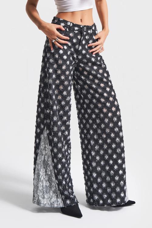 Kadın Antrasit Beyaz Renk 7w5-51 Palazzo Fit Dantel Detaylı Özel Kumaş Tasarım Denim Jean