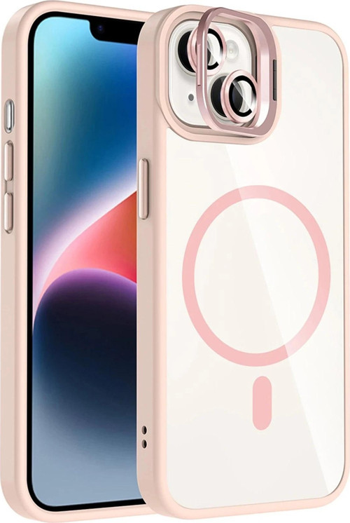 Apple iPhone 14 Remim Lensli Magsafe Standlı Kapak - Pembe-(5796)