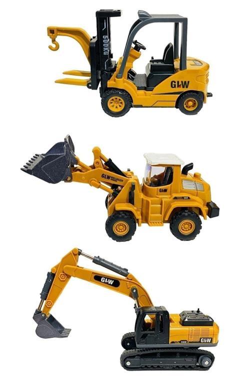 Oyuncak İş Makinaları Ekskavatör Forklift Kepçe Buldozer 3Lü Metal Set