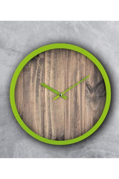 Rakamsız Ahşap Görünümlü Yeşil Çerçeveli Sessiz Akar 30 Cm Duvar Saati