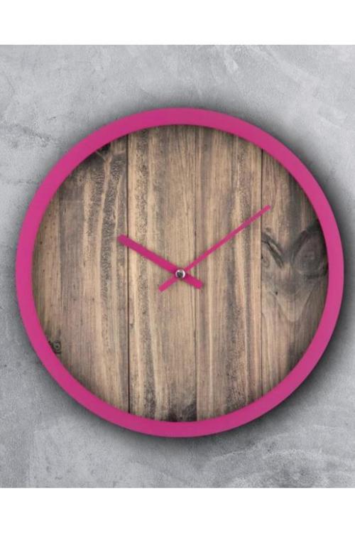 Rakamsız Ahşap Görünümlü Pembe Çerçeveli Sessiz Akar 30 Cm Duvar Saati