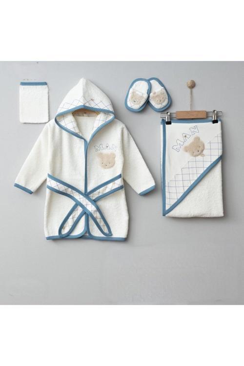 0-2 Yaş Gaye Erkek Bebek Organik Pamuk 4 Parça Bornoz Seti