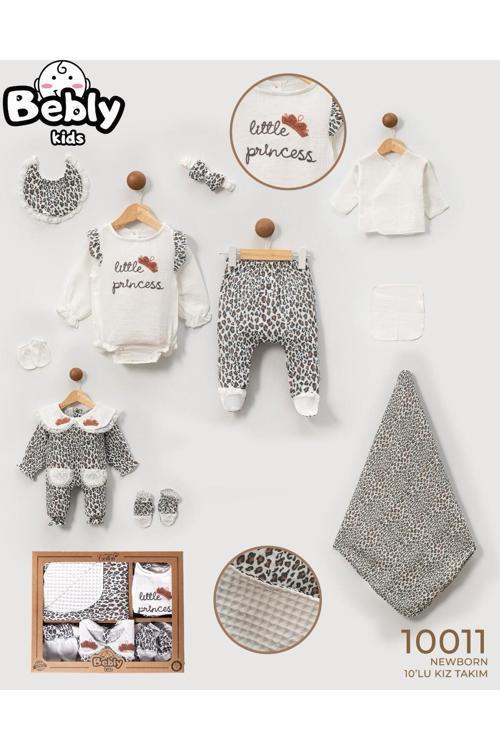 Bebly Organik Pamuklu Müslin Kumaş Leopar Desenli 10'Lu Takım Hastane Çıkış Takımı Yenidoğan 0-3Ay
