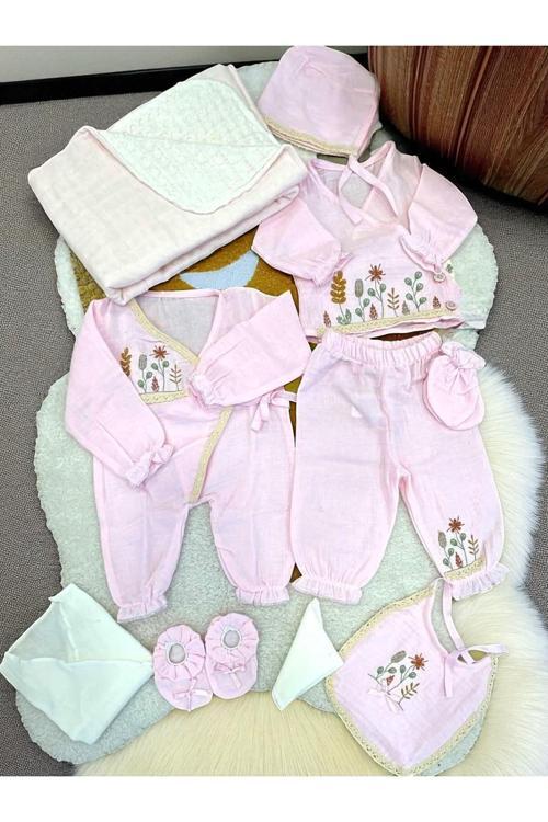 Kız Bebek Pamuklu Müslin Kumaş Çiçek Nakışlı 10Lu Hastane Çıkışı