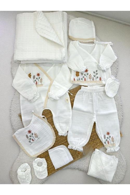 Kız Bebek Pamuklu Müslin Kumaş Çiçek Nakışlı 10Lu Hastane Çıkışı