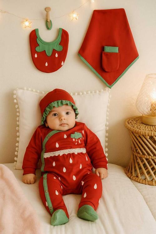 Kız Bebek 0-3 Ay Çilekli Nakışlı Tulum 5 Li Set