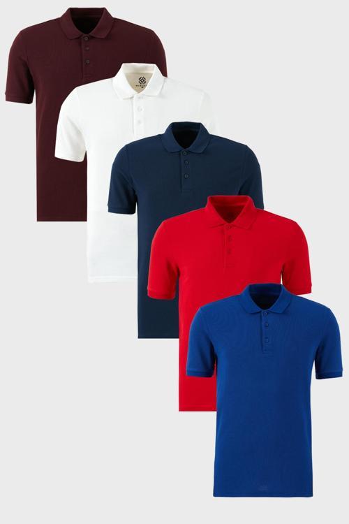 Pamuklu Regular Fit Düğmeli Polo Yaka 5'li Paket Erkek T Shirt 5902127S5 Beyaz-Kırmızı-Vişne-İndigo-Saks