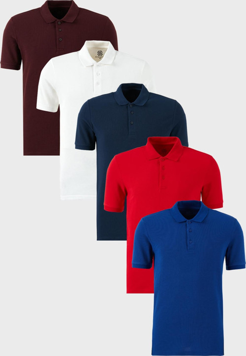 Pamuklu Regular Fit Düğmeli Polo Yaka 5'li Paket Erkek T Shirt 5902127S5 Beyaz-Kırmızı-Vişne-İndigo-Saks