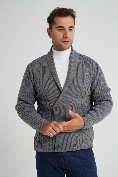 Erkek Koyu Gri Şal Yaka Altı Düğmeli Kruvaze Yün Ceket Hırka TRIST-5353