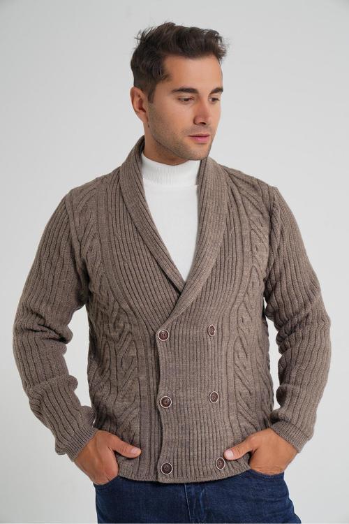 Erkek Sütlü Kahve Şal Yaka Altı Düğmeli Kruvaze Yün Ceket Hırka TRIST-5353