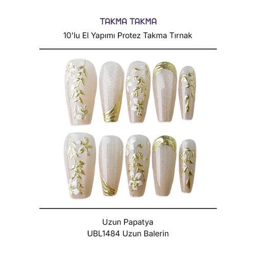 10'lu Ten Rengi Uzun Balerin  UBL1484 Tekrar Kullanılabilir El Yapımı Protez Takma Tırnak Ten Rengi-S