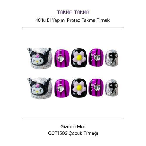 10'lu Mor Çocuk Tırnağı  CCT1502 Tekrar Kullanılabilir El Yapımı Protez Takma Tırnak Mor-L