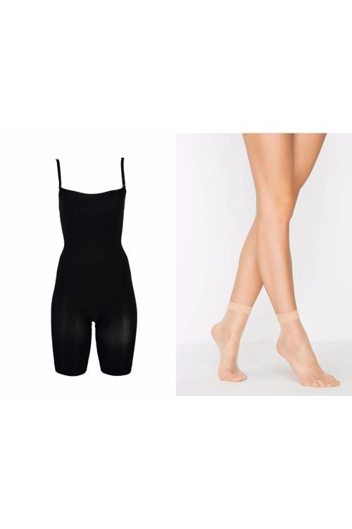 Kadın Tüm Vücut Sıkı Tutucu Body Korse 1 Beden İncelme Sağlar Çorap Hediyeli Ürün Siyah S