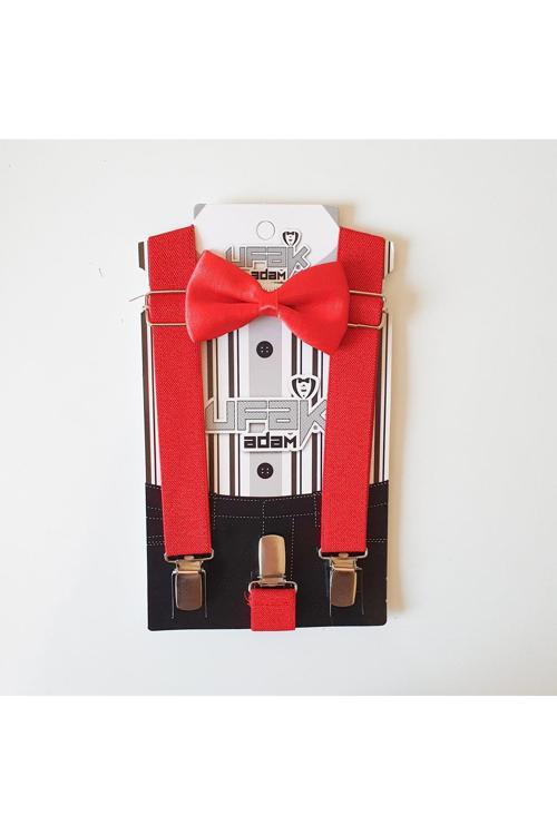 Çocuk Askı Papyon Takımı Kırmızı Tek Ebat