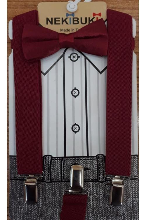 Çocuk Pantolon Askısı Ve Papyon Takım Bordo Tek Ebat